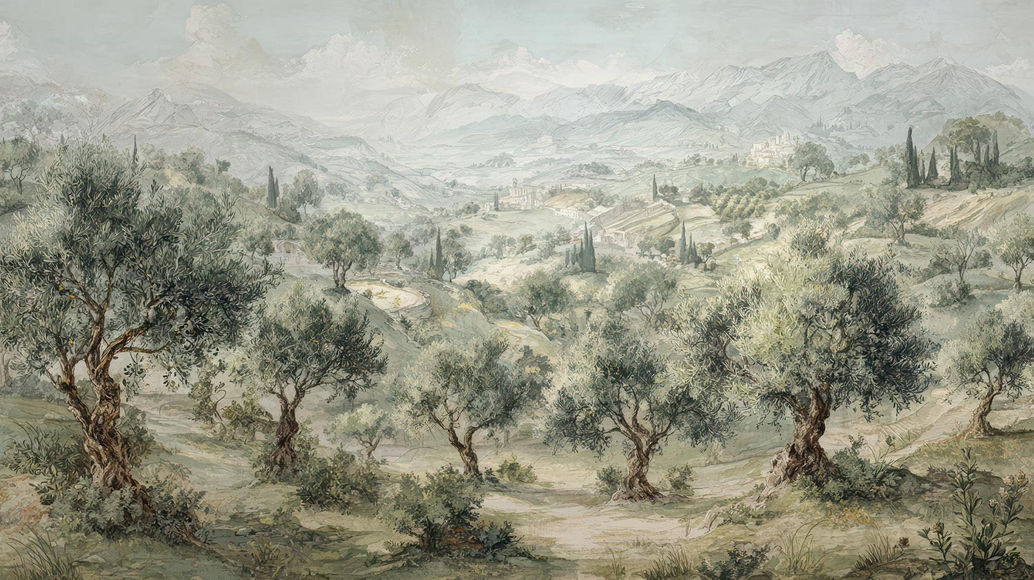 Olive Grove and Mist Landscape Mural
